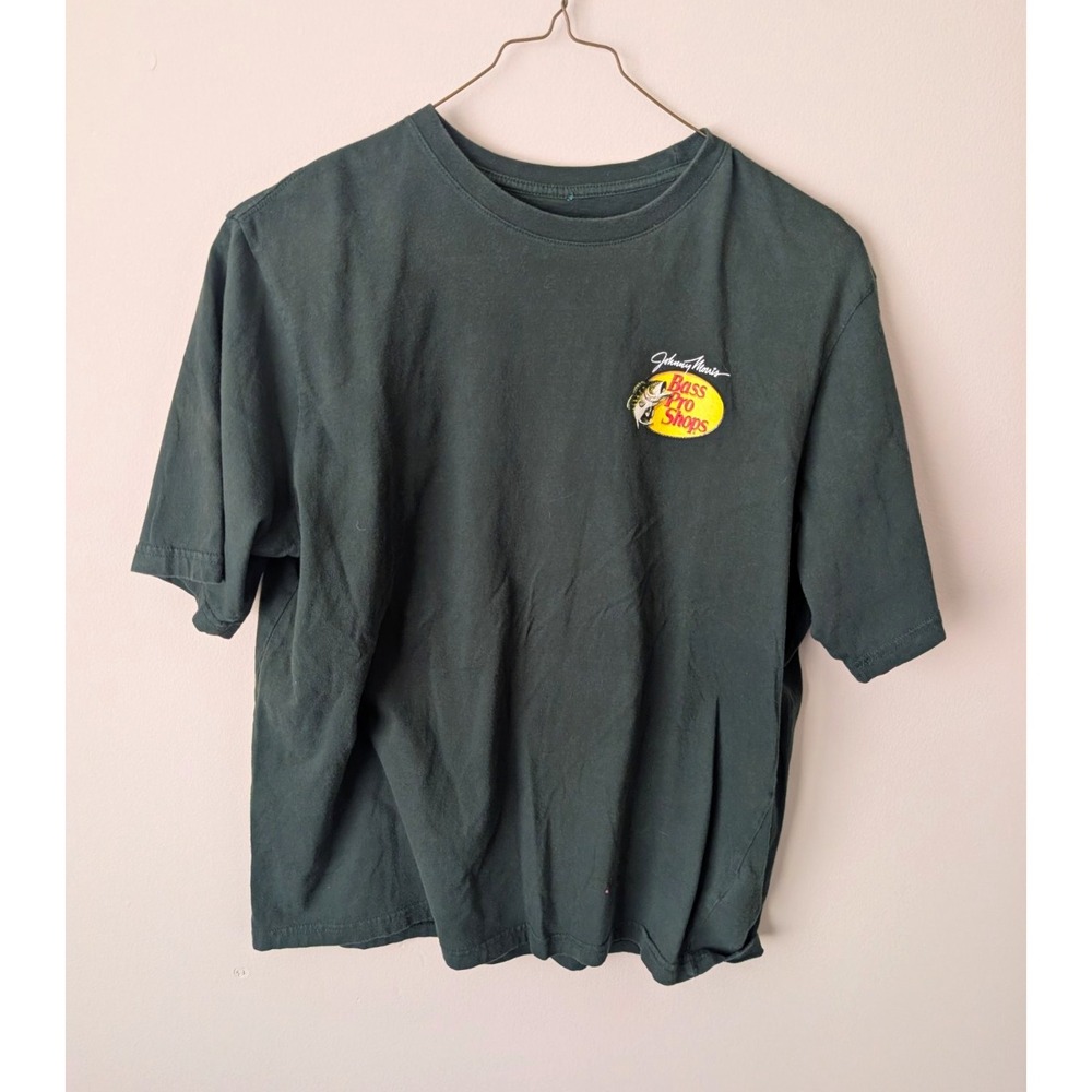 Bass Pro Shops Johnny Morris Shirt Mens L Green Fish Graphic Logo Crew Neck